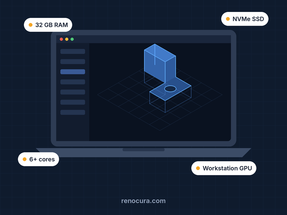 Refurbished laptop showing a 3D CAD model, with labels for 32 GB RAM, 6+ cores, NVMe SSD and workstation GPU